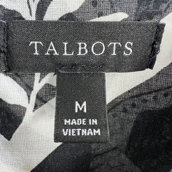 Talbots M Shirt Tropical Panther Jungle Cat Print Sheer Blouse Black White Top - Picture 9 of 11